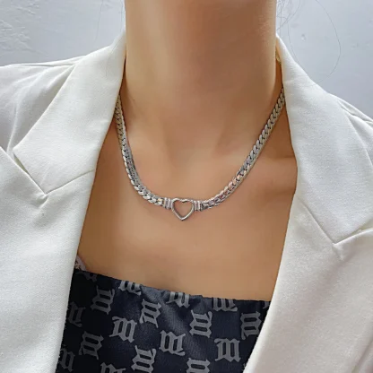 Curb Chain Necklace with Heart Pendant - Image 2